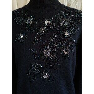 Vintage Women M Embellished Sweater Beaded Flowers Navy High Neck